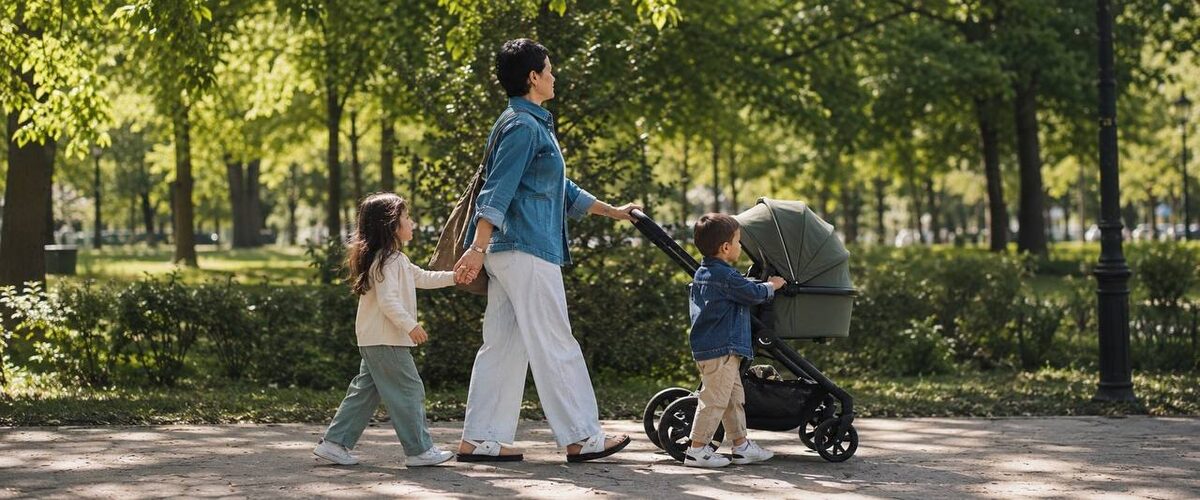 Tagesmutter aus Wetzikon unterwegs mit zwei Kindern und Kinderwagen auf einem Spaziergang